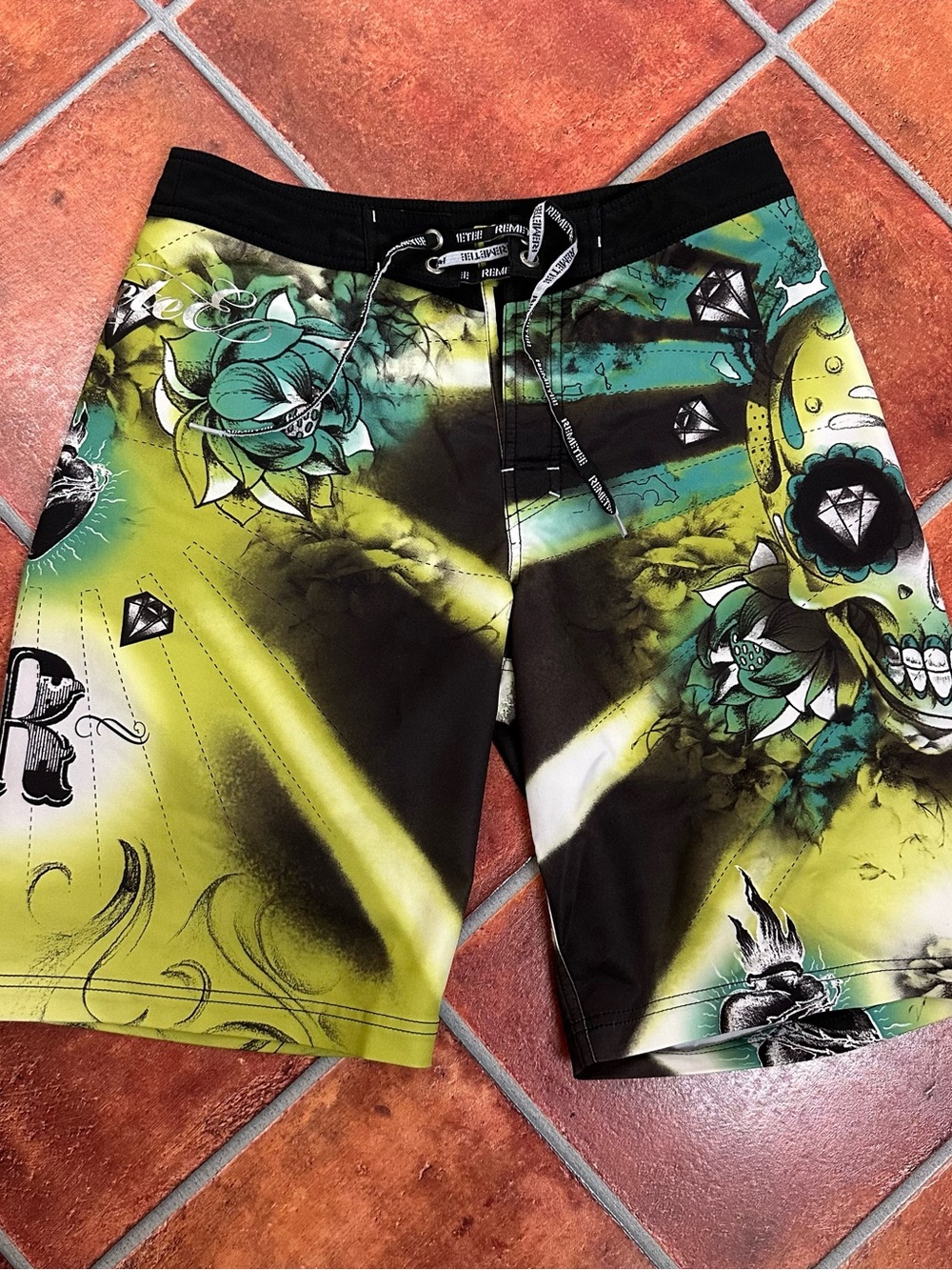 Remetee Skull and Diamond Board Shorts with Drawstring